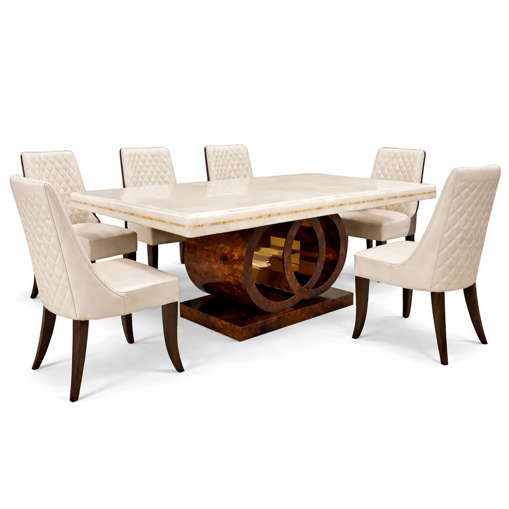 Luxury Sculptural Marble Top 6-Seater Dining Table Set with Designer Pedestal Base & Upholstered Chairs - image 2