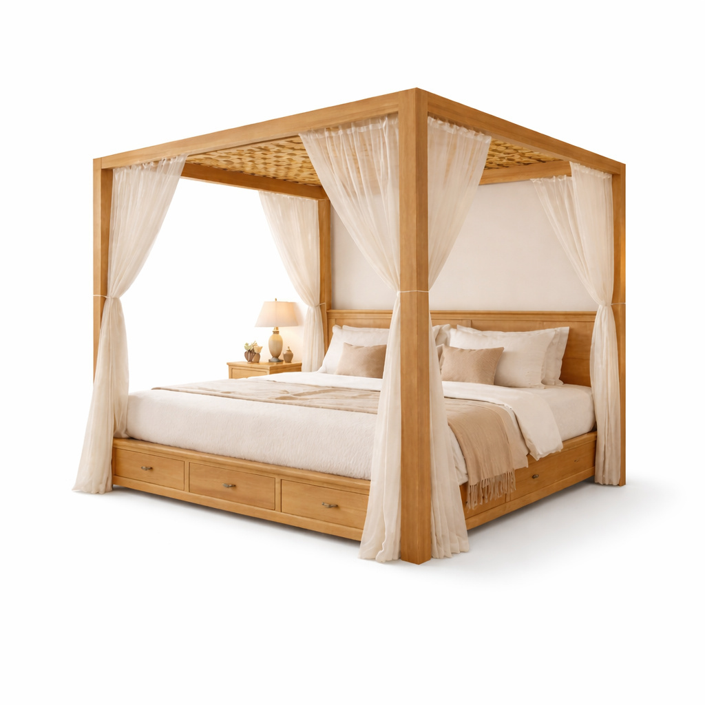 Modern Solid Wood Canopy Bed Frame with Storage Drawers & Sheer Curtains - image 2