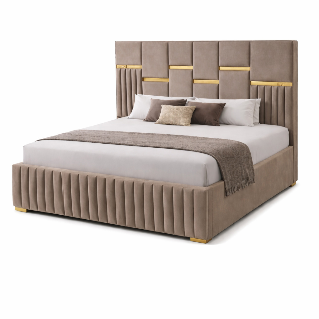 Luxury Upholstered Bed Frame with Layered Panel Headboard, Vertical Fluting & Gold Accent Bands - image 2