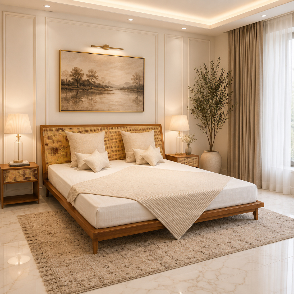 Scandinavian Cane Wood Platform Bed